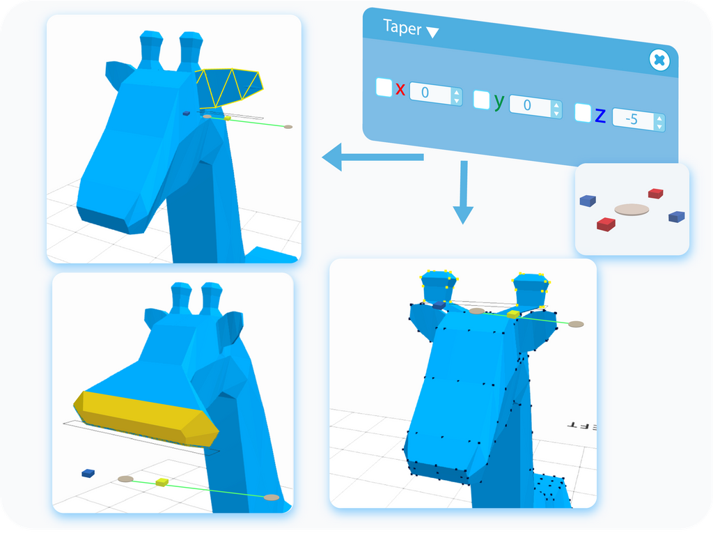 Taper the selected region by either dragging the gizmo, or by using text-boxes